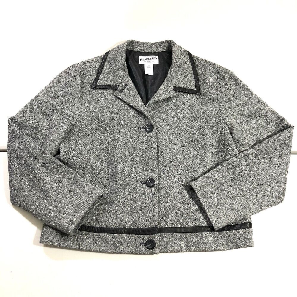 Pendleton Blazer Women 12 Petite Gray Heathered Plaid Virgin Wool Jacket VTG
